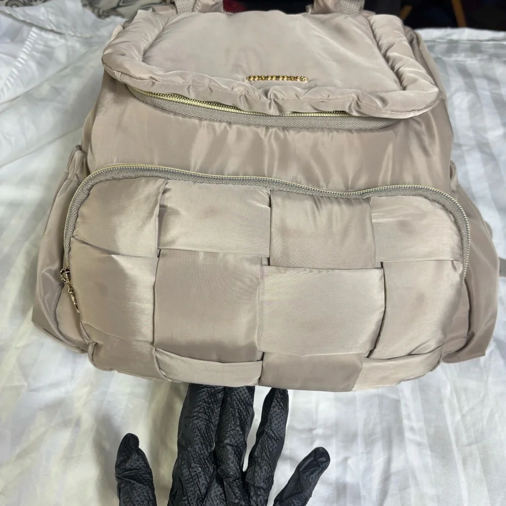 Mommore tan basket weave nylon diaper bag backpack gold hardware